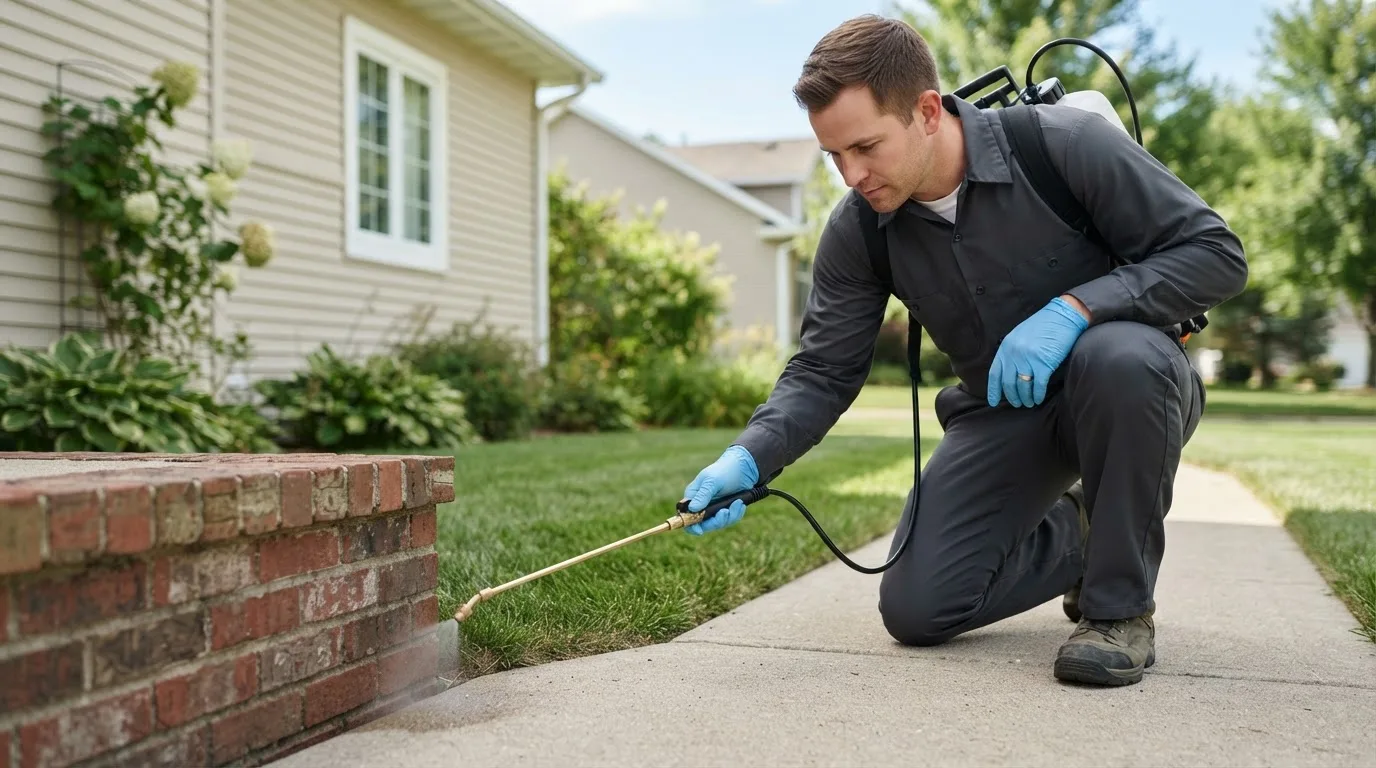 Pest control technician treating a home near Ridgeville, IN