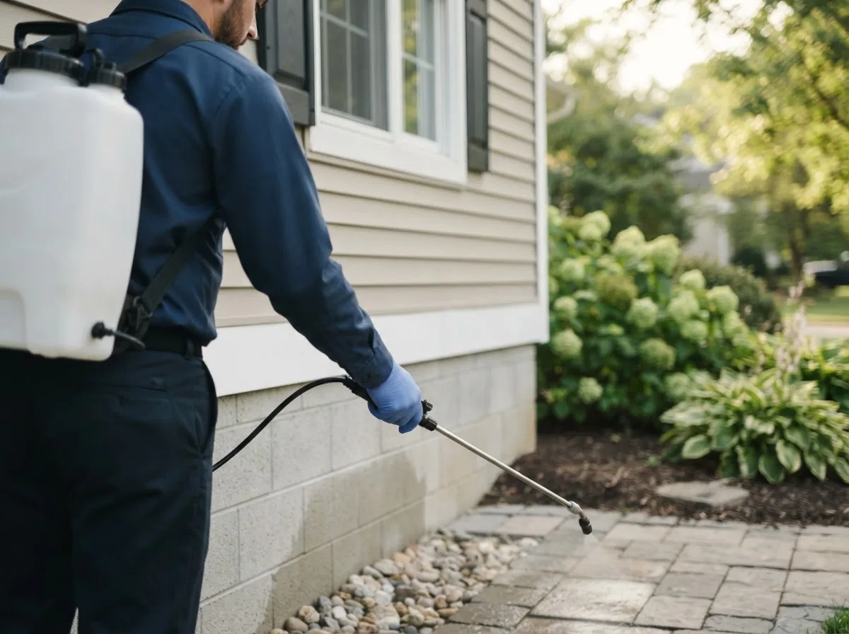 Pest control technician inspecting a home in Ridgeville, IN